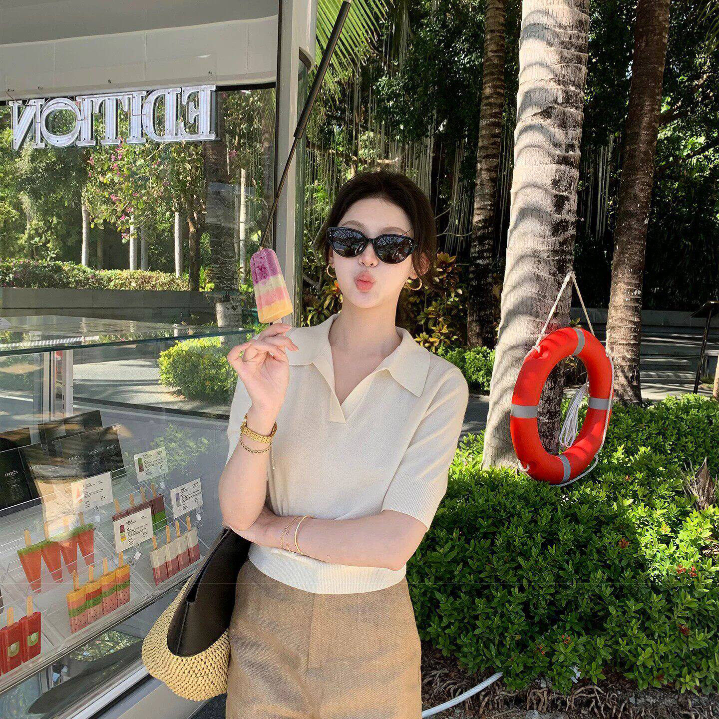 老钱风白色短袖polo衫t恤女夏季淡人高知穿搭正肩修身针织衫上衣