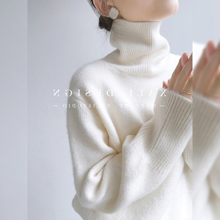 法式极简白色高领毛衣女秋冬慵懒高级感加厚针织衫内搭可外穿上衣