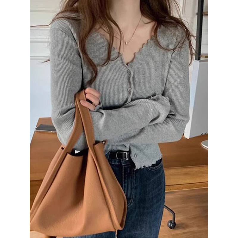 韩系木耳边灰色修身针织开衫女秋季短款V领毛衣小外套长袖薄上衣