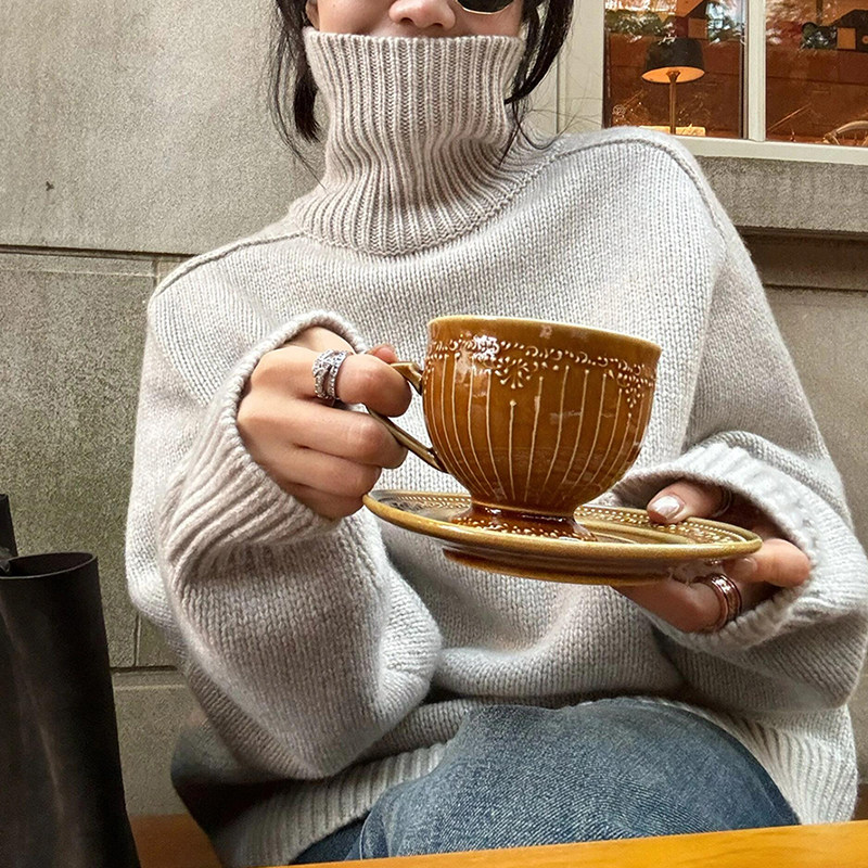 慵懒松弛感高领套头毛衣女秋冬可外穿内搭中长款宽松加厚针织上衣