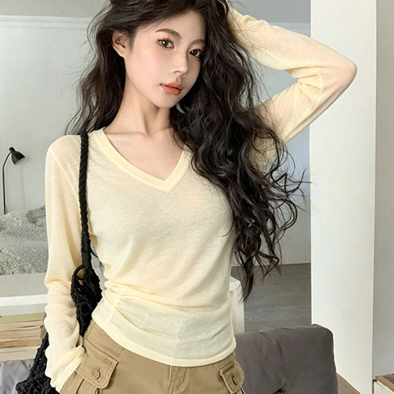 韩系v领防晒罩衫轻薄微透长袖t恤