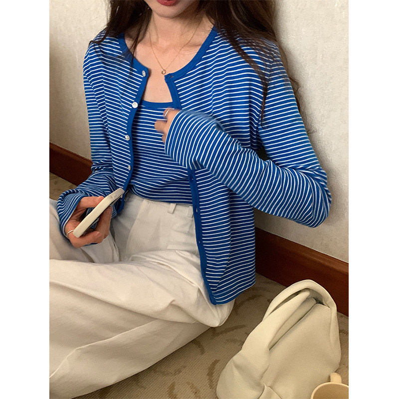 法式小香风蓝色条纹针织衫女早秋吊带外搭开衫防晒罩衫两件套上衣