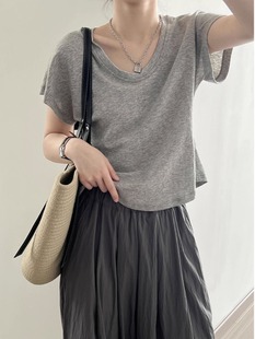 美式U领灰色正肩短袖t恤女夏季薄款飞飞袖设计感小众显瘦打底上衣
