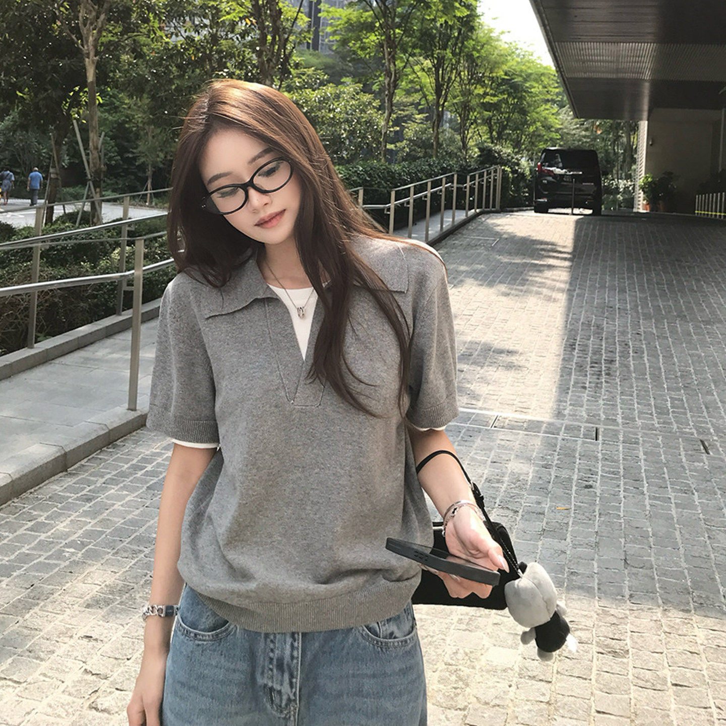 老钱风灰色假两件短袖polo衫女夏季正肩休闲宽松翻领针织t恤上衣