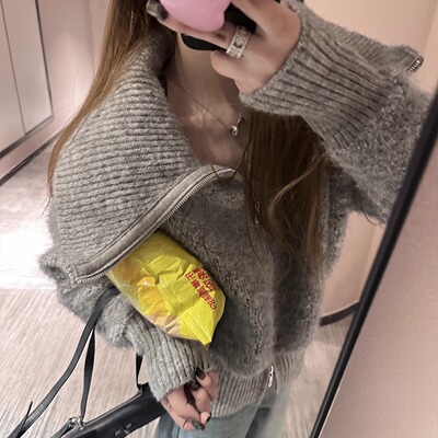 大翻领拉链毛衣外套宽松针织开衫