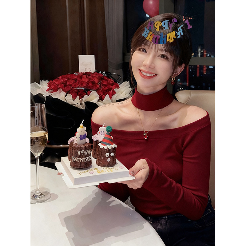 氛围感红色一字肩挂脖针织衫女秋冬穿搭气质修身露肩内搭打底上衣,女装/女士精品,毛针织衫,淘宝优惠券,粉丝福利购,淘宝优惠卷