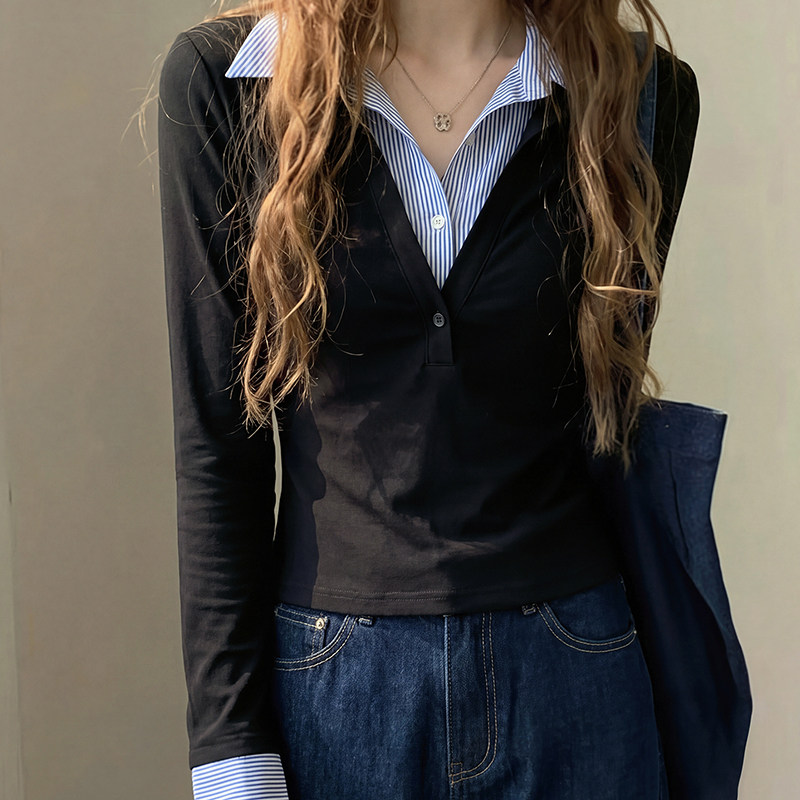 假两件拼接polo领长袖t恤上衣女