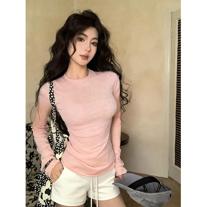 韩系粉色微透长袖t恤女夏季纸片人穿搭修身内搭打底罩衫薄款上衣