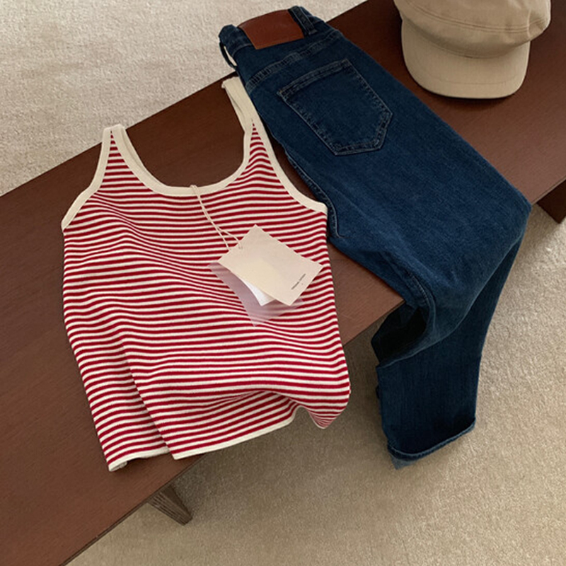 红色条纹撞色冰丝针织背心吊带女