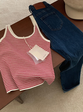 甜辣红色条纹冰丝针织背心女外穿夏季撞色小吊带无袖U领内搭上衣