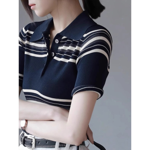 藏青色条纹针织短袖 冰丝t恤上衣薄 polo衫 女夏老钱风正肩气质修身