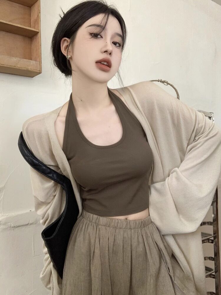 韩系冰丝防晒针织开衫女夏季薄款吊带外搭空调披肩宽松中长款上衣