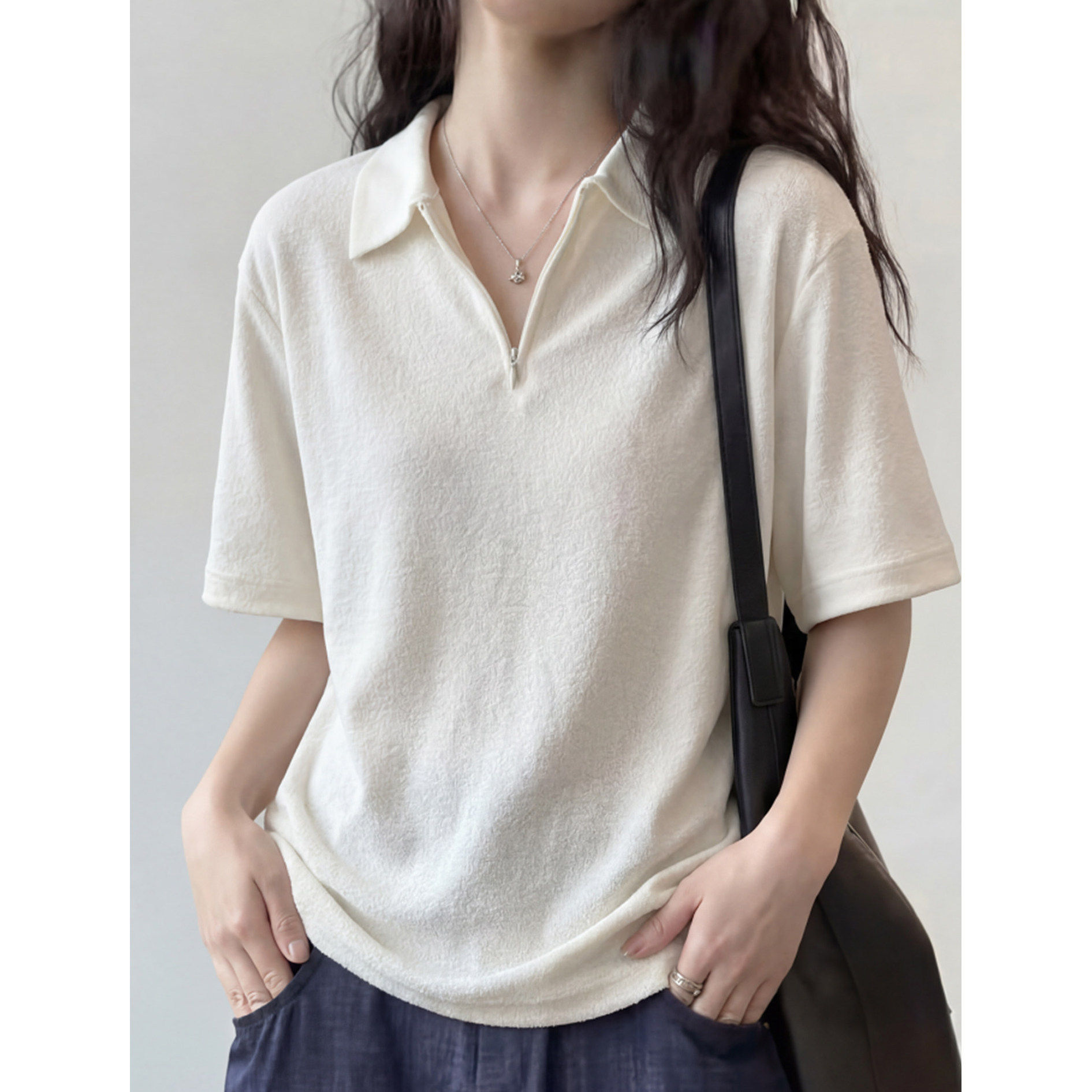 老钱风简约白色短袖polo衫t恤女夏穿搭松弛感宽松半拉链针织上衣