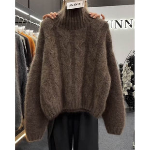 欧货咖色麻花高领毛衣女秋冬季慵懒高级感宽松加厚针织衫内搭上衣