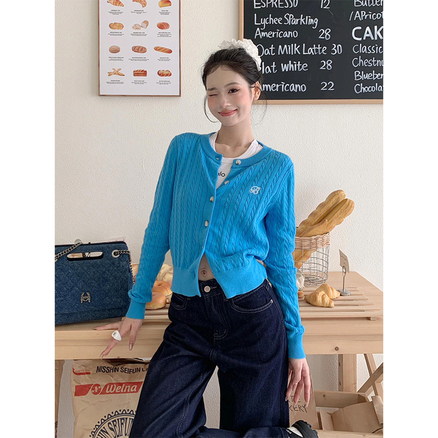 韩系蓝色麻花圆领毛衣开衫女春秋季巨好看修身显瘦短款针织衫上衣