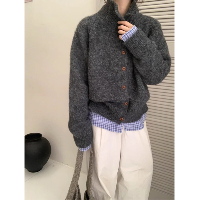 老钱风高领毛衣外套软糯针织开衫