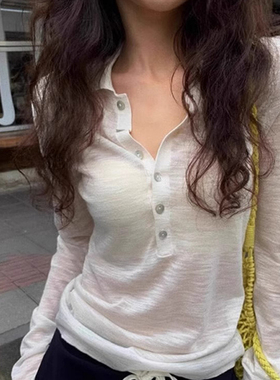 白色polo领冰丝针织防晒罩衫女夏季雪花棉微透长袖t恤修身上衣薄