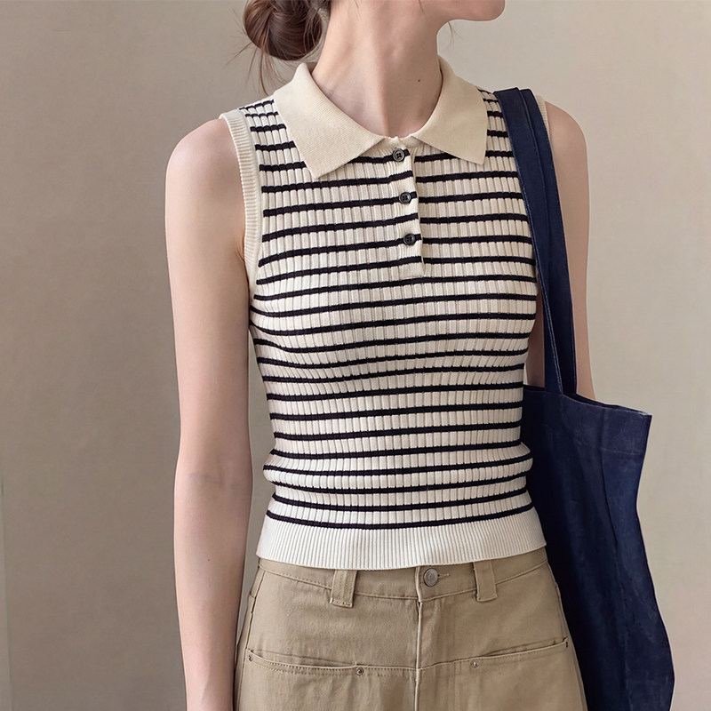条纹针织吊带背心无袖polo衫上衣
