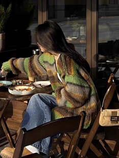 上衣 中长款 日系复古条纹绿色v领毛衣女秋冬季 宽松慵懒风针织开衫