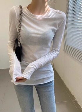 白色正肩圆领长袖t恤女夏季内搭打底衫薄款微透防晒罩衫修身上衣