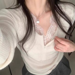 韩系白色半拉链v领蕾丝针织衫女秋冬绝美巨好看修身内搭打底上衣