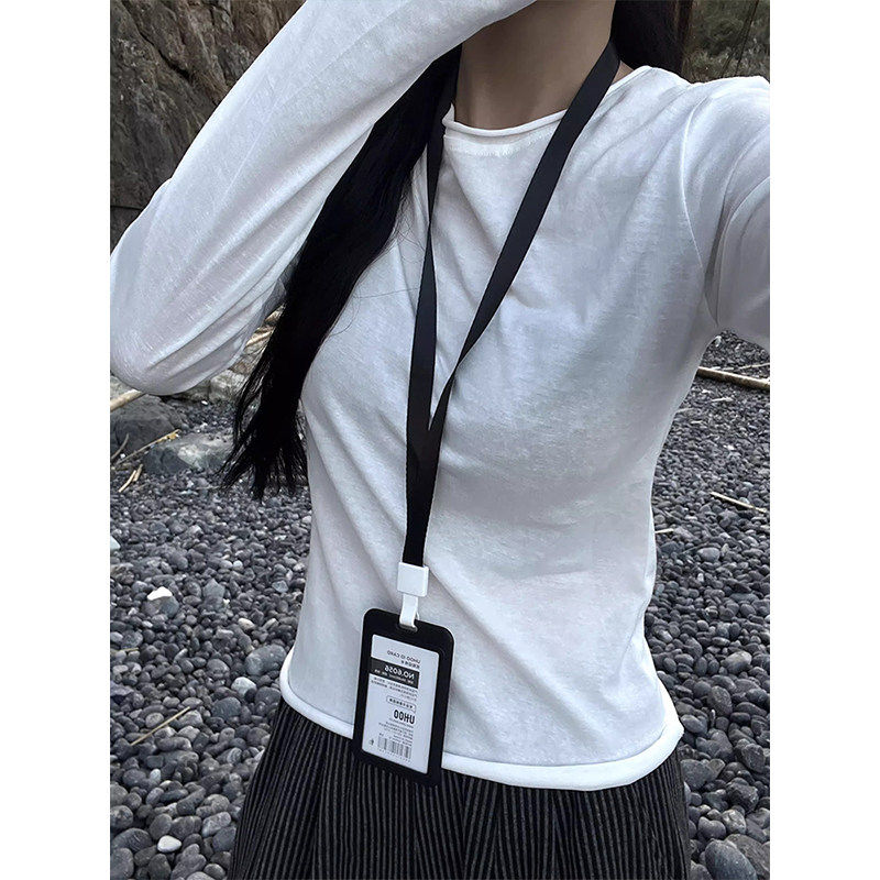 韩系白色薄款微透长袖t恤女早春漂亮穿搭正肩修身内搭打底衫上衣