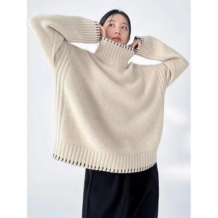 法式复古米色高领毛衣女秋冬慵懒松弛感宽松针织衫内搭打底上衣厚