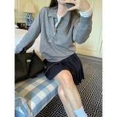 叠穿翻领毛衣内搭韩系打底衫 灰色miu系Polo领针织衫 女秋冬季 上衣