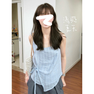 度假風(fēng)亞麻藍(lán)色吊帶女夏泰式 棉麻背心綁帶內(nèi)搭上衣 不規(guī)則外穿無袖