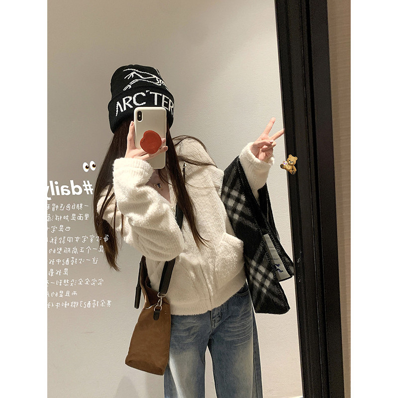 慵懒风白色连帽拉链毛衣外套女秋冬季奶fufu宽松加厚针织开衫上衣