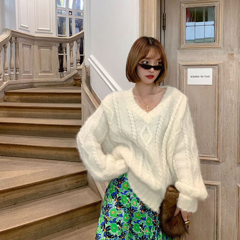 粗麻花毛衣女2026秋冬新款慵懒风宽松外穿温柔粉色减龄v领针织衫