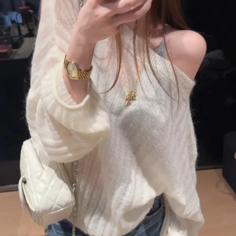 慵懒松弛感斜肩长袖针织衫上衣女