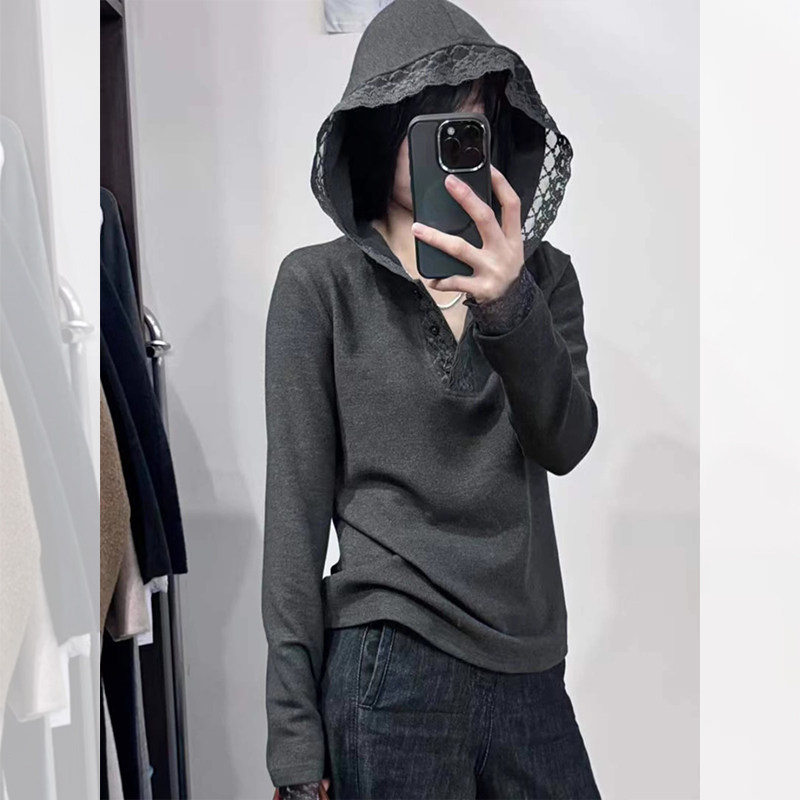 灰色蕾丝边连帽内搭打底衫女秋冬设计感磨毛修身长袖t恤帽衫上衣,女装/女士精品,T恤,淘宝优惠券,粉丝福利购,淘宝优惠卷