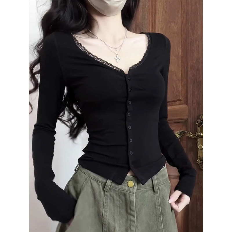 辣妹黑色低胸V领蕾丝边长袖T恤女春季大领口修身开衫内搭短款上衣