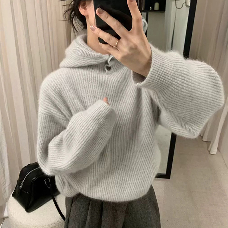 韩系灰色加厚连帽毛衣女秋冬慵懒高级感宽松软糯针织帽衫内搭上衣