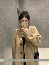 日系复古v领毛衣外套女秋冬新款外搭宽松慵懒风针织开衫加厚上衣