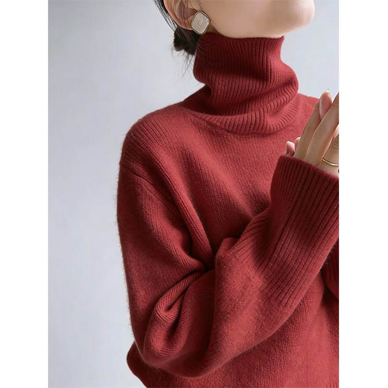 巨好看红色高领毛衣女秋冬穿搭高级感宽松针织衫可外穿内搭上衣厚