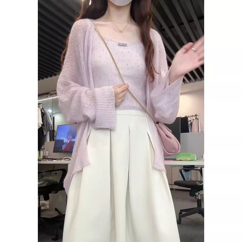 紫色薄款冰丝针织开衫女夏季外搭宽松防晒罩衫吊带背心上衣两件套