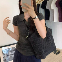灰色冰丝针织短袖polo衫t恤女夏季老钱风穿搭正肩修身miu系短上衣