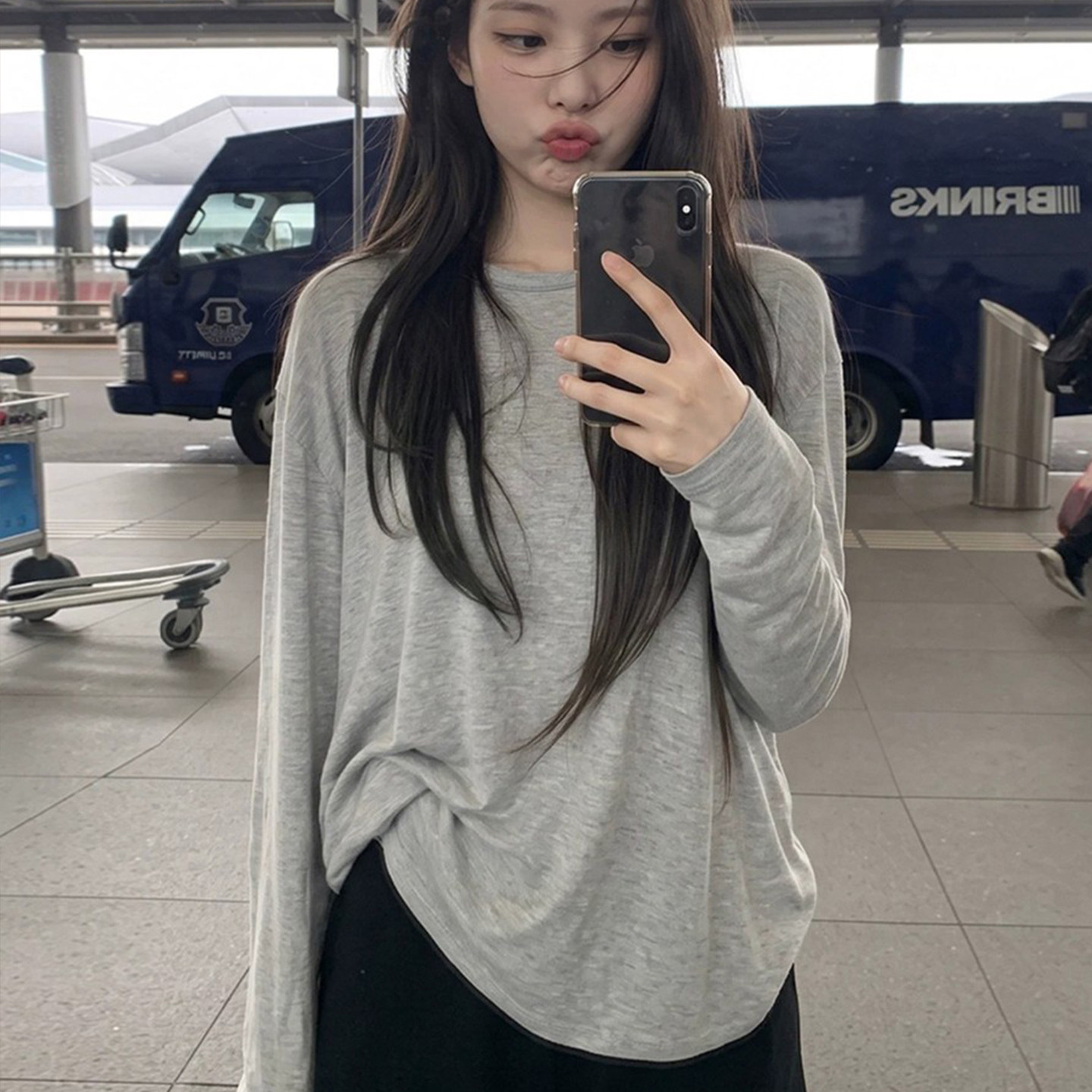 韩系松弛感圆领防晒长袖t恤女秋