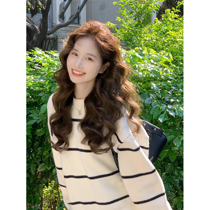 韩系条纹圆领毛衣女秋冬季温柔宽松慵懒风软糯套头外穿针织衫上衣