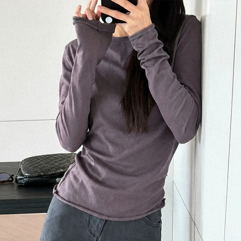 圆领卷边长袖t恤纸片人单穿上衣