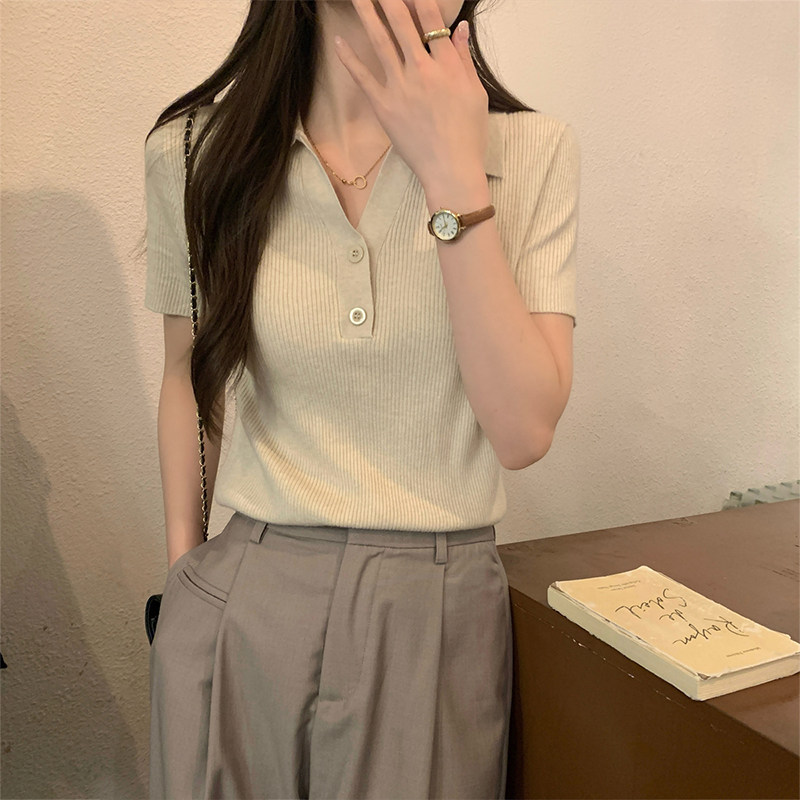 气质PoloV领针织短袖T恤女设计感