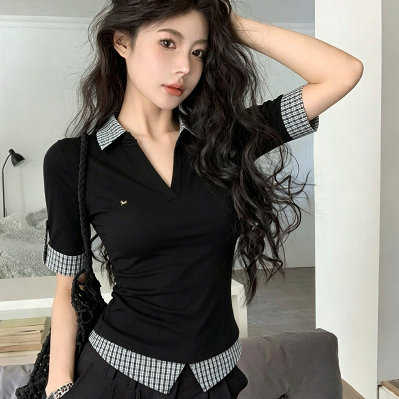 黑色假两件polo领短袖t恤女夏季设计感正肩修身半袖格纹拼接上衣