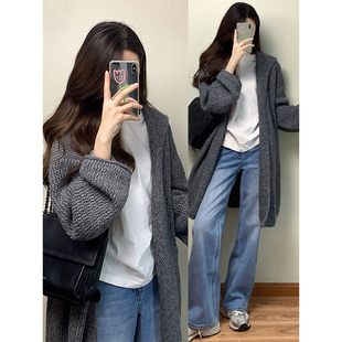 中长款灰色连帽毛衣外套女2025冬慵懒软糯松弛感针织开衫宽松上衣