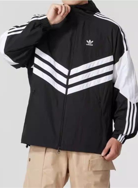 AdidasAdidas三叶草风衣外套2026春季男三条纹连帽防风外套JM7260