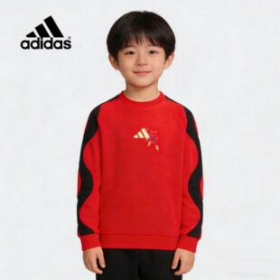 Adidas阿迪达斯正品卫衣儿童春季款红色新年款圆领长袖上衣JM5839