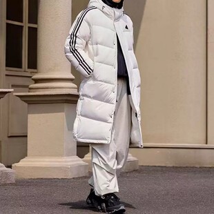 Adidas阿迪达斯男女经典条纹黑白色运动保暖连帽长款羽绒服JM9152