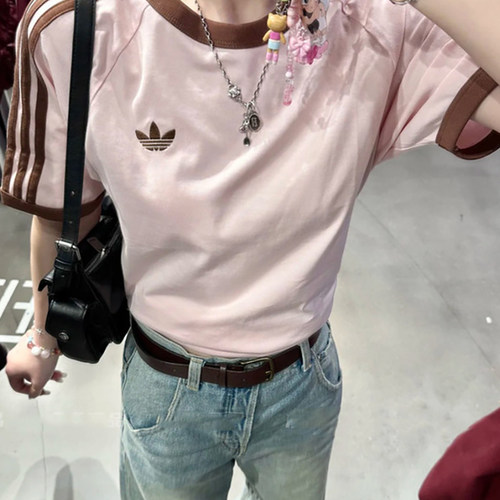 Adidas阿迪达斯三叶草短袖男女刺绣logo撞色三条纹圆领T恤KG6321