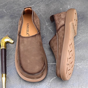 秋季透气皮鞋男士休闲真皮宽脚软底手工大头鞋单层牛皮一脚蹬男鞋